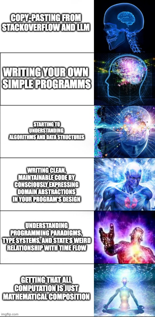 A progression meme: copying from Stack Overflow or an LLM, writing simple programs, understanding algorithms and data structures, expressing domain abstractions, understanding paradigms and type systems, then seeing computation as mathematical composition.