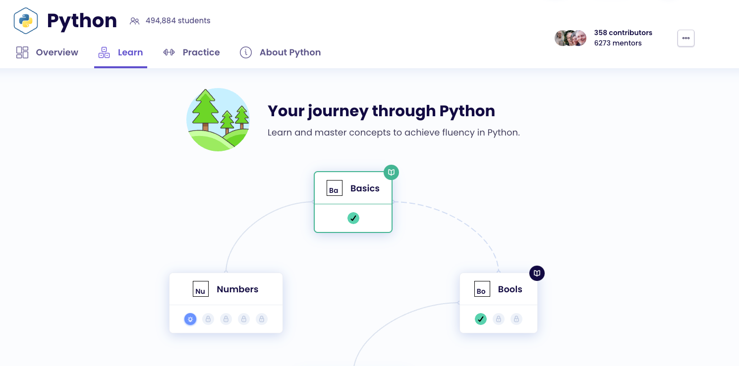 An Exercism Python track in Learning Mode, with concepts arranged as an unlocking path.