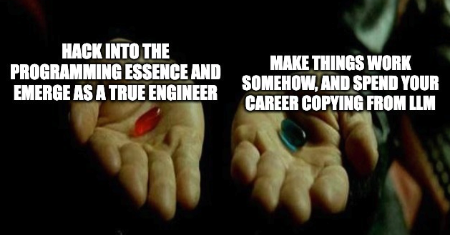 Matrix choice: study programming deeply and become an engineer, or make things work somehow and spend a career copying from an LLM.